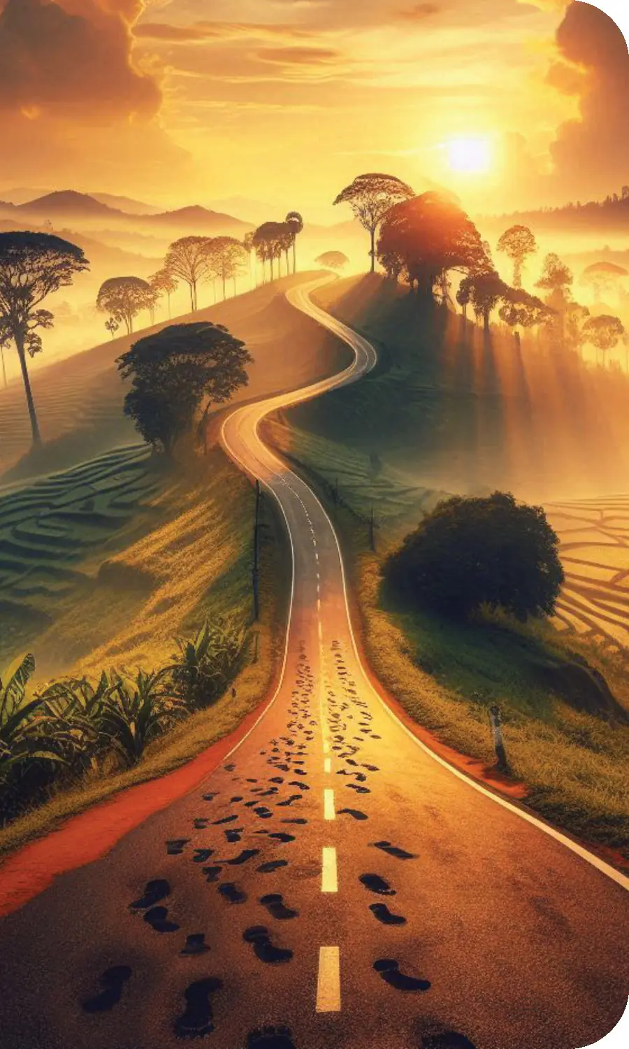 A winding road with footprints at sunrise